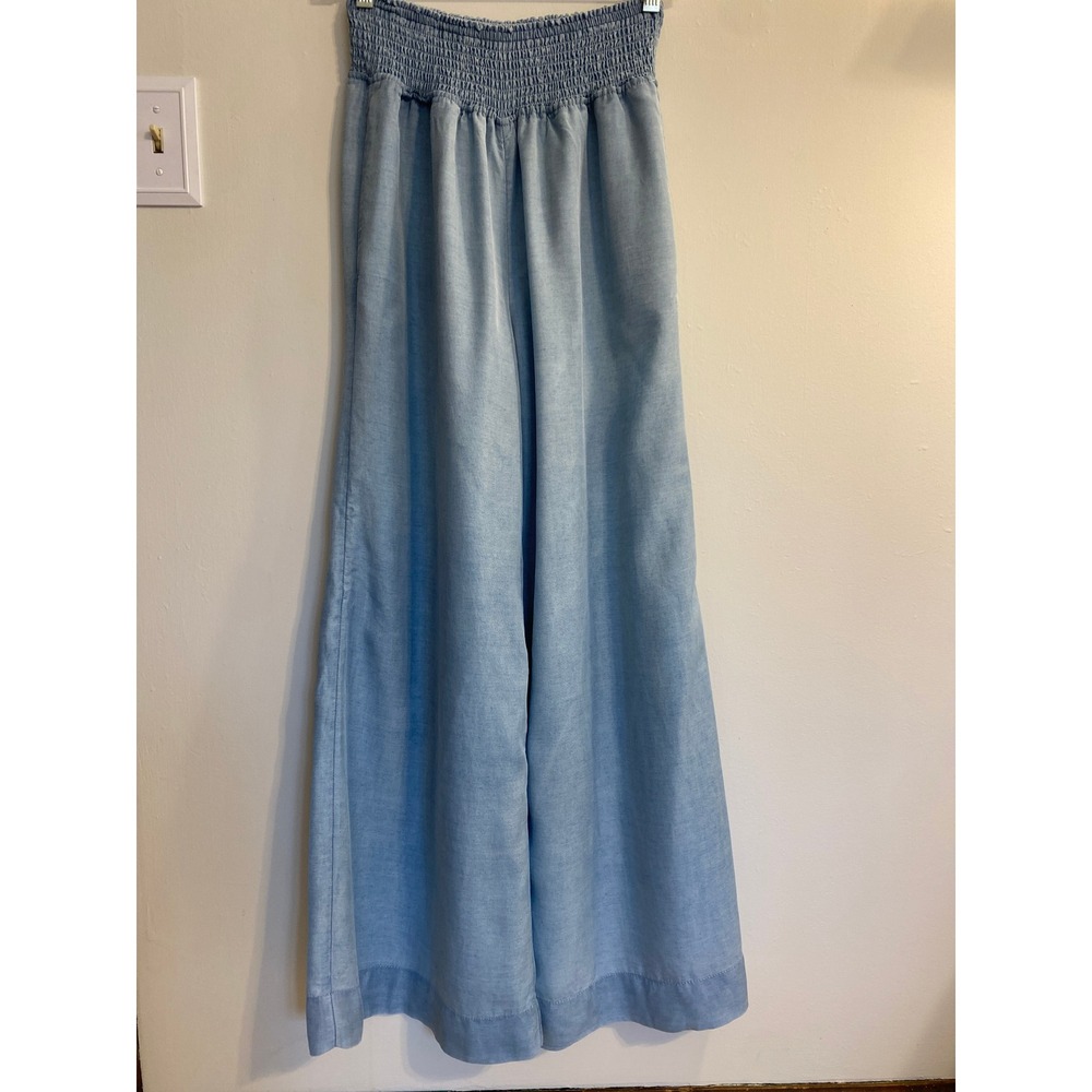 Light Wash Lyocell Wide Leg Smocked Waist Chambray Pants Blue Small